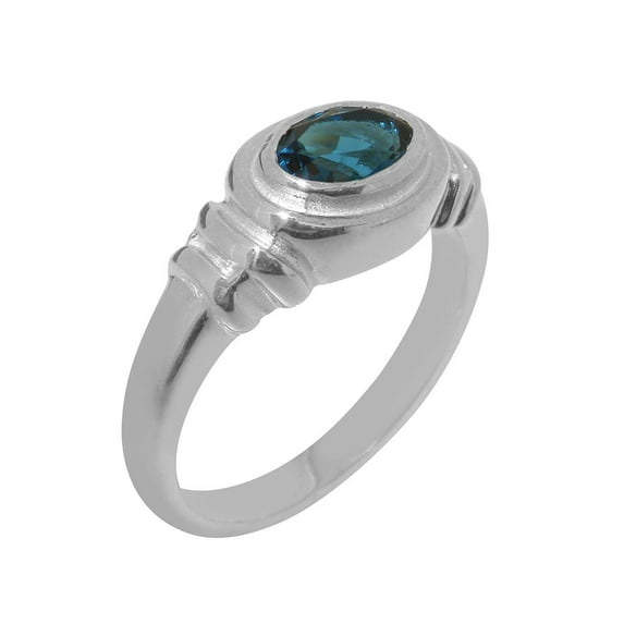 LBG British Made 14k White Gold ring with Natural London Blue Topaz Unisex Anniversary Ring - 33 size options - Size 11