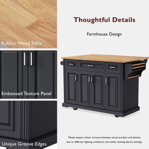54 Inch Kitchen Island with Drop Leaf, Rolling Kitchen Cart on Wheels with Storage, 4 Doors & 3 Drawers, Farmhouse Style Mobile Island for Kitchen,Black