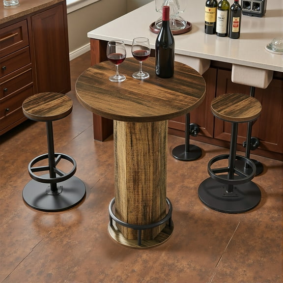Spaco Industrial Bar Table Set with High-Top Round Wood Table & Stools, Durable & Stylish Table & Stools for Indoor as Home, Bar, Kitchen, Easy Assembly, Brown