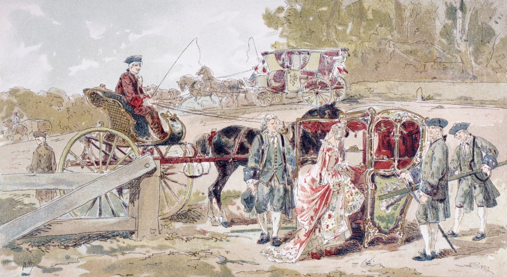 Rich Lady Entering A Sedan Chair After Having Stepped Out Of Her Two-Wheeled Horse Drawn Carriage Known As A Fliguette In The Background A Stagecoach 18Th Century After A Watercolour By A Heins From C