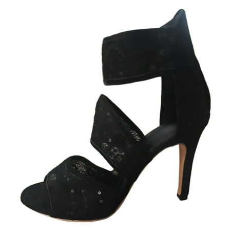 

MIASHUI Summer Sandals for Women 2024 Spring and Summer Lace High Heel Fine Heel Mesh Rhinestone Sequin Solid Colour Sandals Boots High Heels Black 7
