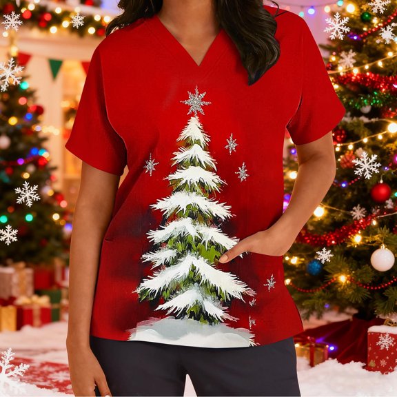 Wowcloth Women's Short Sleeve V-Neck Scrub Top with Christmas Print and Pocket for Healthcare Work and Holiday Wear