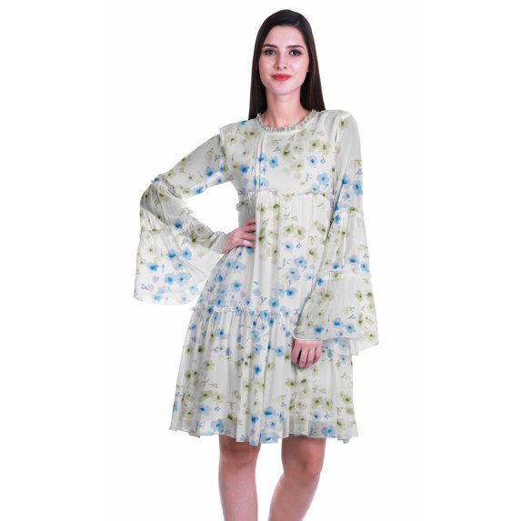 Moomaya Womens Long Sleeve Printed Knee Length Dress Flared Flowy Summer Dress