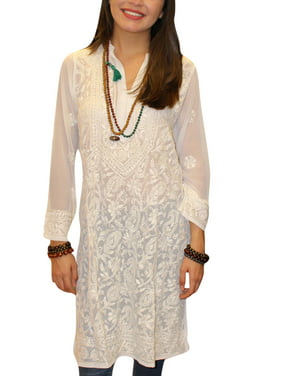 Mogul Women's White Long Tunic Dress Floral Embroidered Georgette Sheer Kurti Cover up M