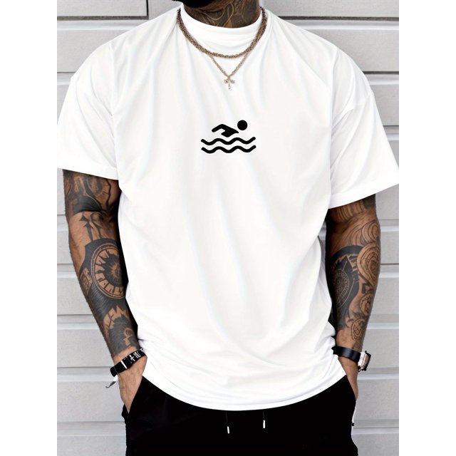Men's Casual Swim Print T-Shirt - Breathable Polyester, Crew Neck, Short Sleeve, Machine Washable - Perfect for All Seasons