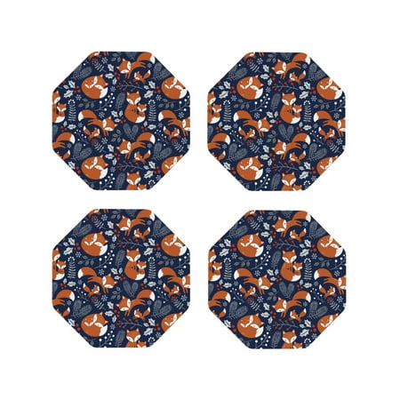 

Coasters Set of 4 - Cute Foxes Drink Coasters for Tabletop Protection Leather Coasters for Living Room Decor and Housewarming Gift Octagon