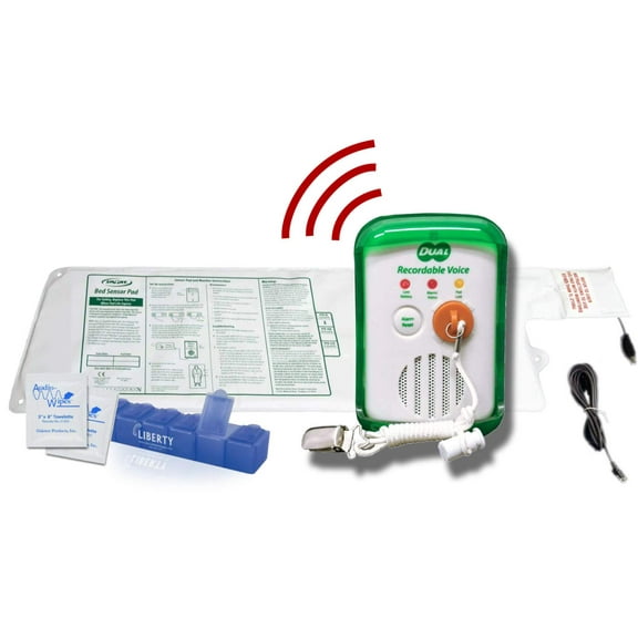 Smart Caregiver Bed and Chair Exit Alarm System - Unique Dual Purpose Fall Monitor (Personalized Voice Alerts), Corded Bed Sensing Alarm Pad (10" x 30"), 10 Cleaning Wipes and Liberty Pill Box
