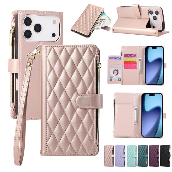 Mynvo Stylish for iPhone 18 Pro Max Case Wallet with Card Slots and Zipper Pocket, Hand Wrist Crossbody Strap RFID Blocking Girls Women Phone Case for iPhone 18 Pro Max, Rosegold