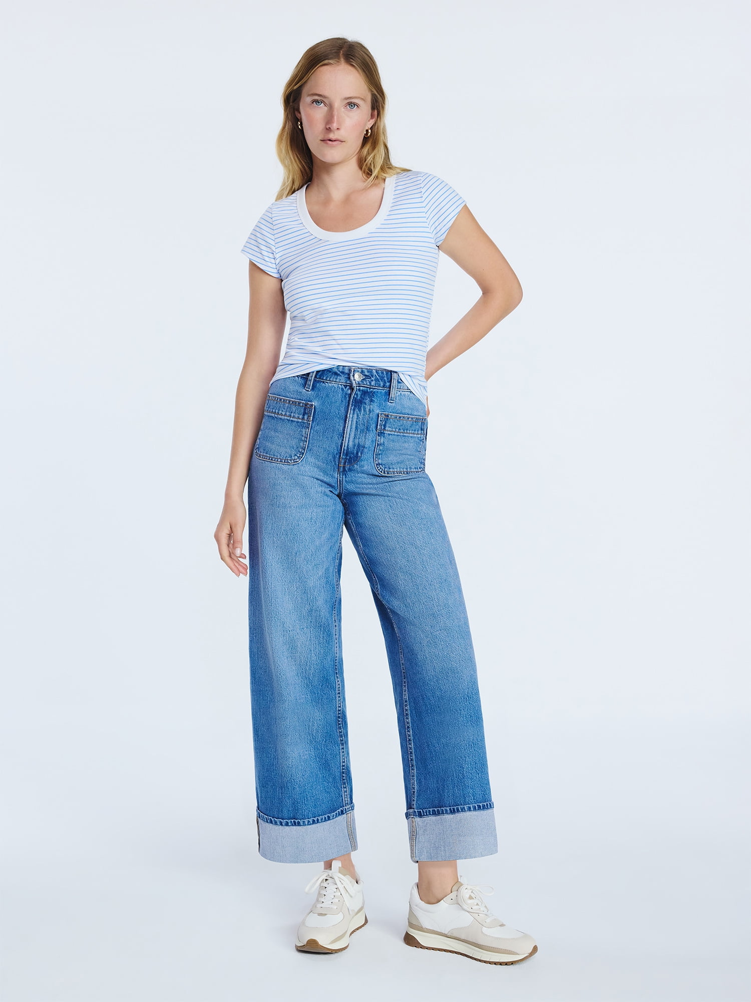 Free Assembly Women’s High Rise Cuffed Jean Pants with Patch Pockets, 30" Inseam, Sizes 0-28W