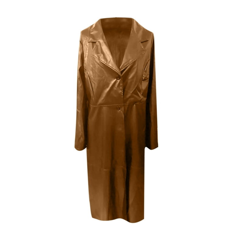 Amtdh Women s Trendy Peacoat Clearance Solid Color Long Sleeve Lapel Collar Sexy Long Imitation Leather Windbreaker Coat Loose Casual Outerwear Fall