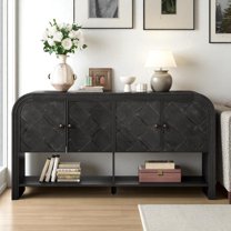 GZXS Modern Console Table with 4 Doors in Weaved Wood Slat Design, 59.8" Curved Storage Sofa Table with Solid Wood Veneer for Entryway, Hallway Living Room (Black)