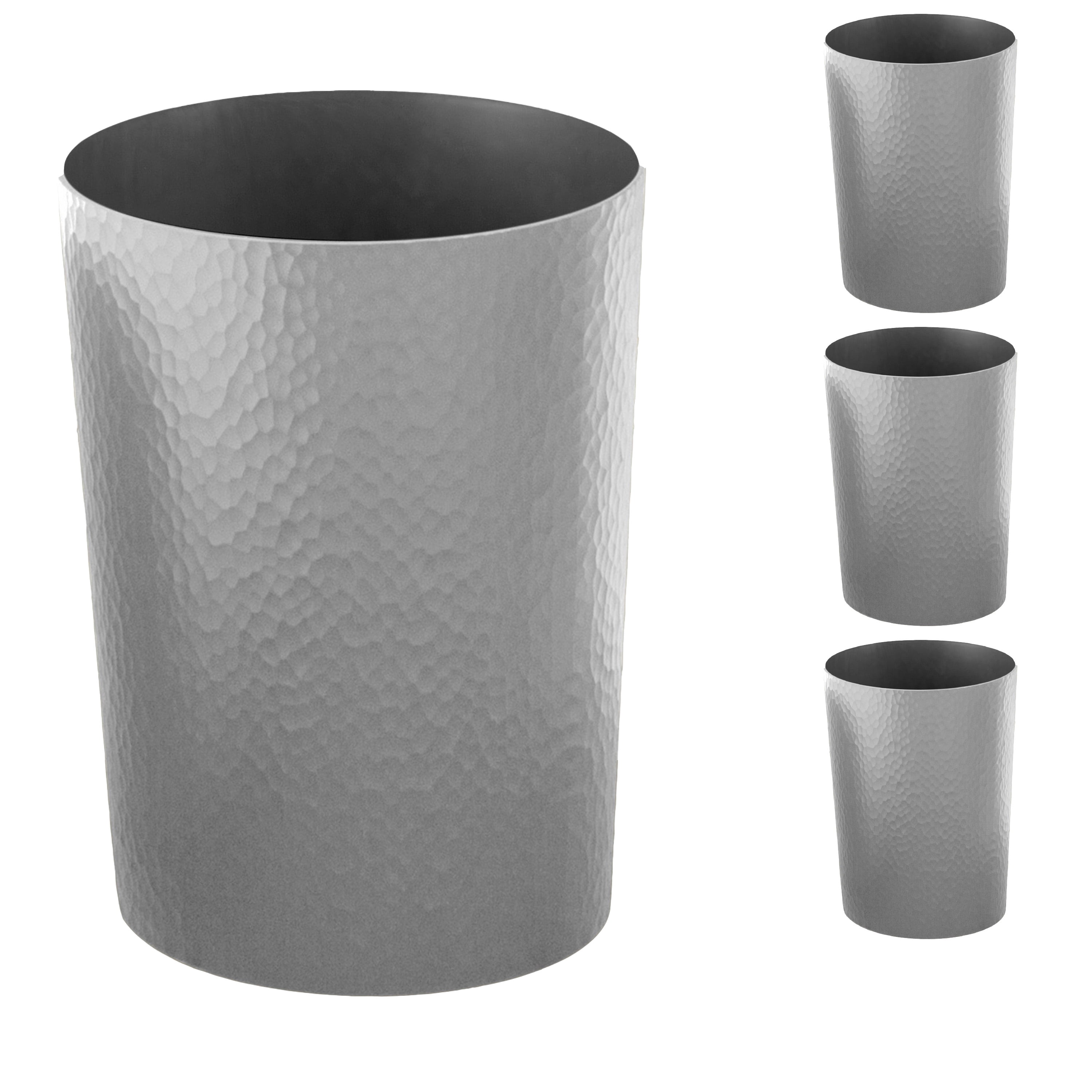 Bath Bliss 4 Pack 10 Liter Hammered Textured Plastic Bathroom Wastebasket in Silver
