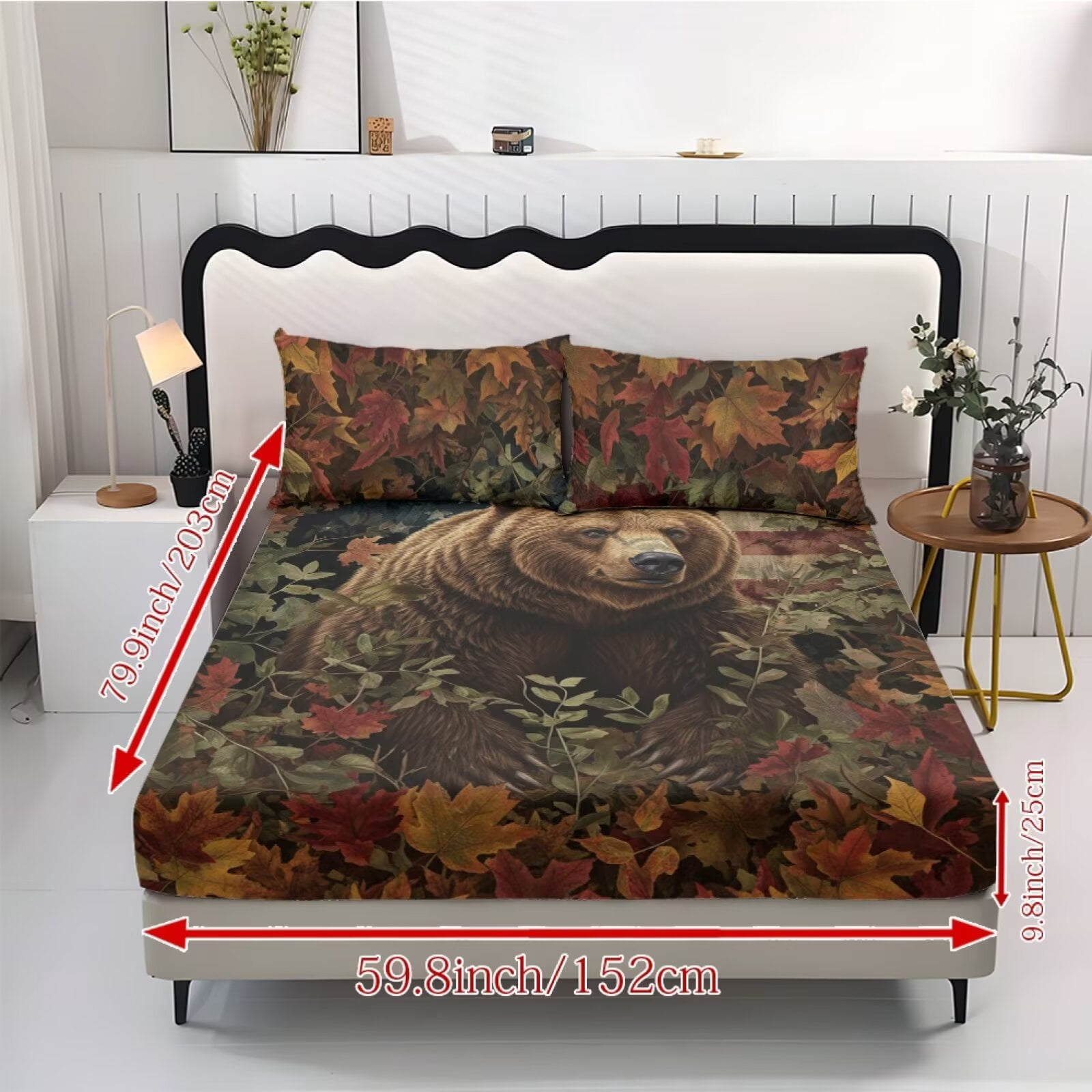 ZIATUBLES Queen Size Sheet Set-Soft Stretchy 3 Piece Bedding with 9.8" Pocket Fitted Sheet and 2 Pillowcases, Breathable Comfy Bedding for Bedroom, Autumn Leaf Brown Bear Print