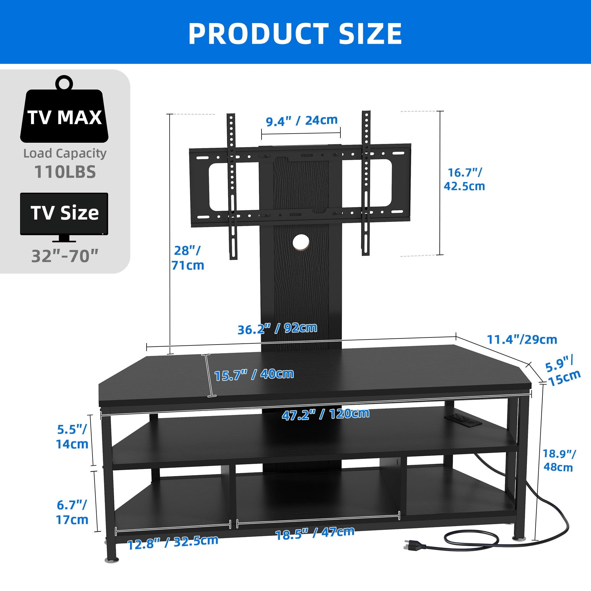 Dextrus Height Adjustable TV Stand Mount, Swivel Entertainment Center with Power Outlet and LED Lights, for TVs up to 70 inches