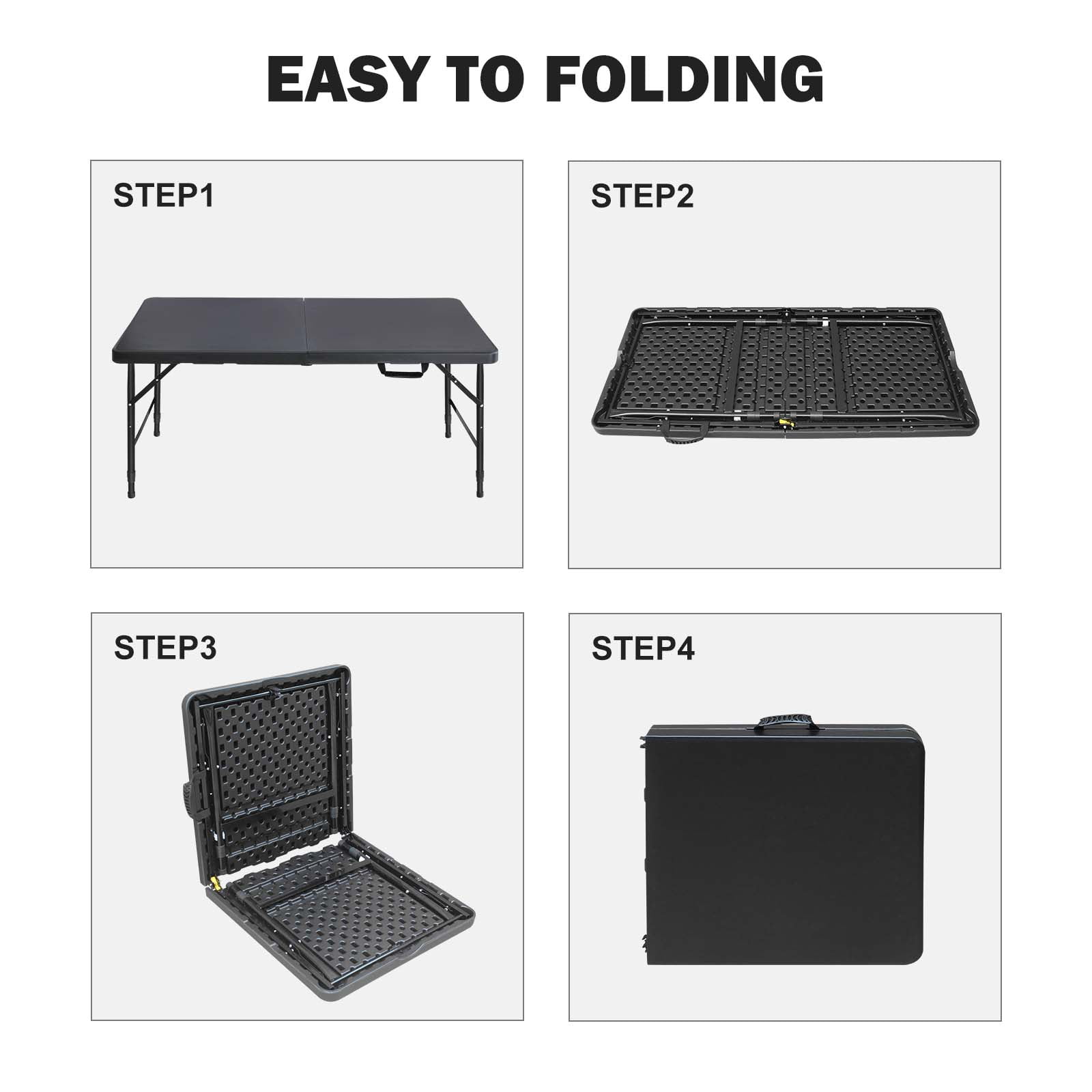 4ft Black Portable Folding Table, Indoor Outdoor HDPE Foldable Table with 25mm Powder Coated Steel Legs, Triangular Reinforced Frame, 135KG Max Load for Camping BBQ Parties Events