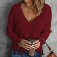 thumbnail image 2 of UJNDER Loose Casual V Neck Pullover Sweater for Women Hem Fringe Solid Color Knit Fall Wine S, 2 of 6
