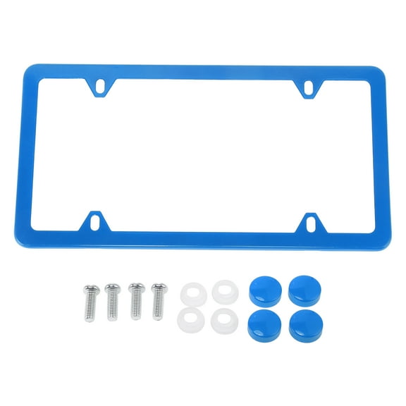 License Plate Frame Stainless Steel Car License Plate Frame Bracket with Screws Caps 4 Hole Blue Oval Hole Narrow Frame