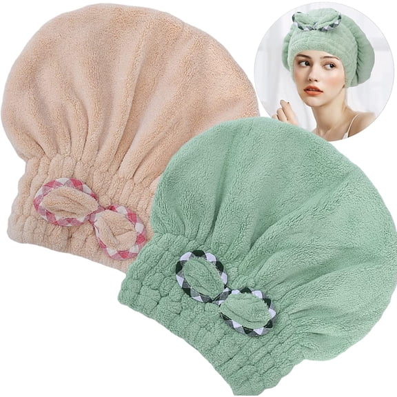 2Pcs Microfiber Hair Drying Cap,Hair Towel Cap,Fast Coral Velvet Hair Drying Towel with Bow-Knot,Quick Dry Fast Drying Hair Caps for Women,Soft Absorbent Cap for Wet Hair Long Thick Hair(Khaki Green)