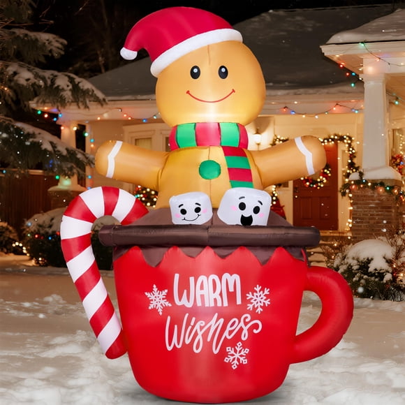 Joiedomi Décorations Extérieures Gonflables de Noël 6 Pi, Bonhomme en Pain d'Épice Gonflable dans une Tasse de Cacao Chaude avec LEDs, Bloc de Noël Mignon