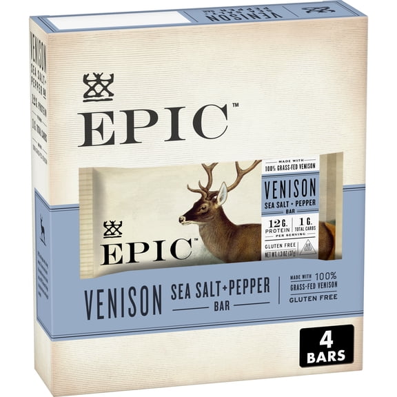 EPIC Venison Sea Salt and Pepper Bars, Keto and Paleo Friendly, Whole 30, 4 Count, 5.2 oz