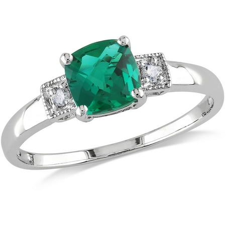 1 Carat T.G.W. Cushion-Cut Created Emerald and Diamond-Accent Sterling Silver Fashion Ring