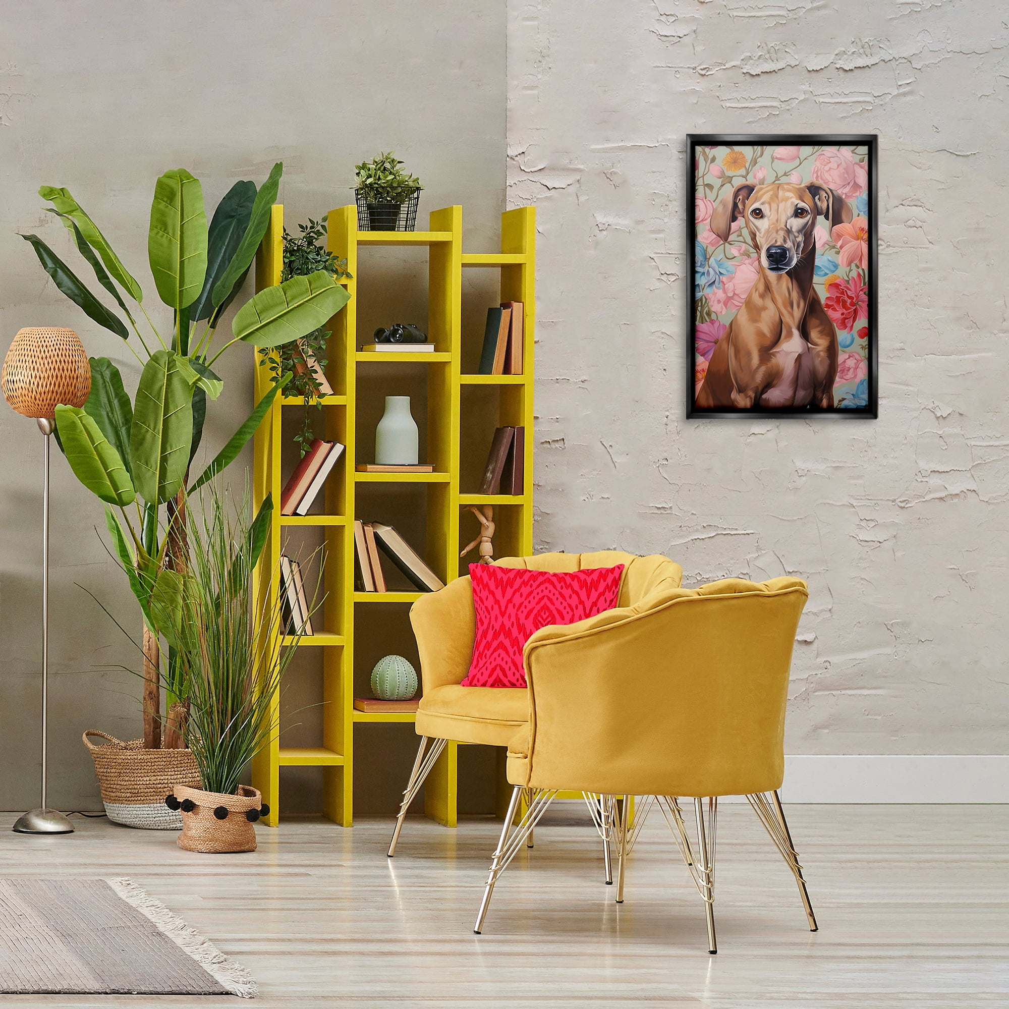 Stupell Industries Greyhound on Florals Animals & Insects Painting Black Floater Framed Canvas Art Print Wall Art, 17 x 25