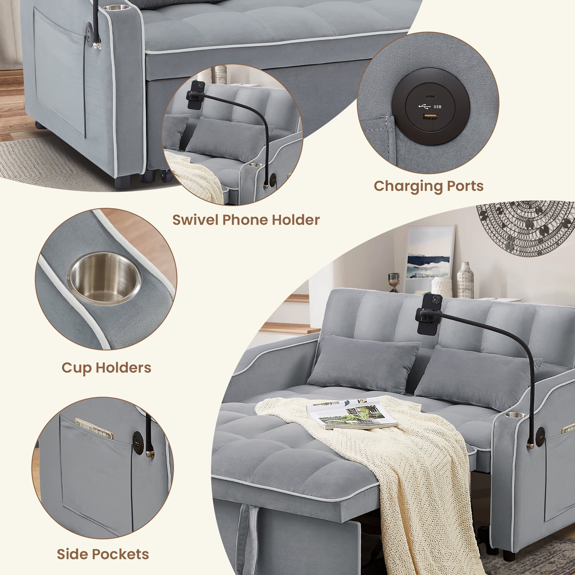 Aukfa Pull Out Sofa Bed, Convertible Loveseat Sleeper Sofa Couch with USB Port, Cup Holders and Swivel Phone Holder, Gray