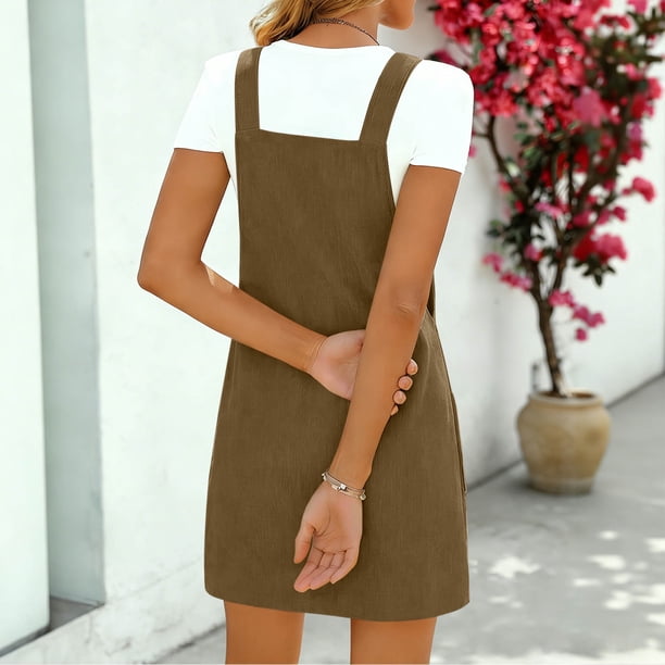 brown corduroy jumper dress VEKDONE Women's Cute Comfortable Bib Mini Dress Overall Skirt Fashion Adjust Strap Jumpers Dresses Khaki S Size:Over-The-Calf size 0/2 Q4c recreating chanel 1992 dress
