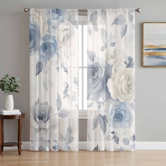 Blue White Floral Semi Sheer Curtains 96 Inch Length 2 Panels Set, Botanical Garden Flowers Leaves Sheer Kitchen Curtain Privacy Voile Window Curtain for Living Room Bedroom Rod Pocket Drapes