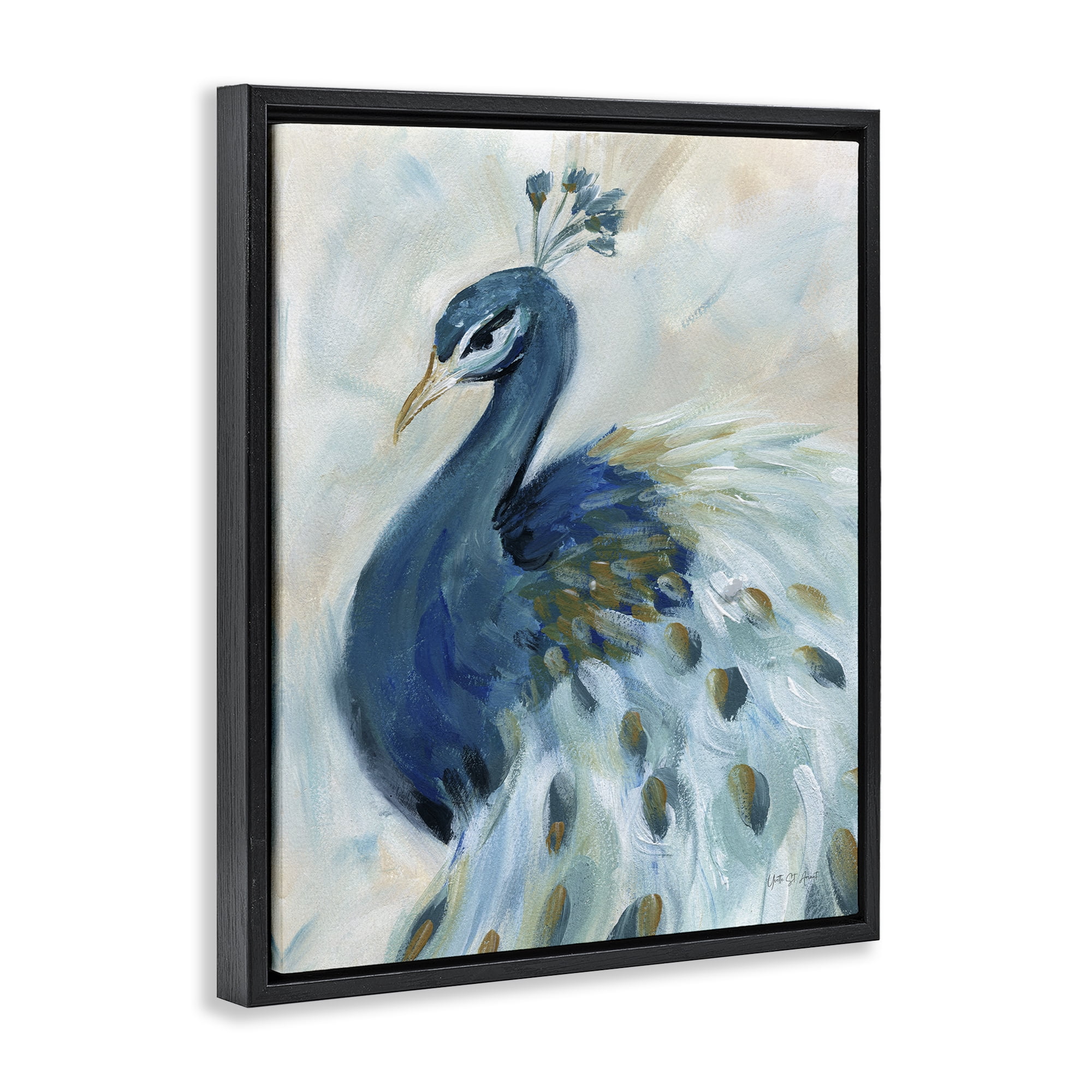 Stupell Industries Elegant Blue Peacock Animals & Insects Painting Black Floater Framed Canvas Art Print Wall Art, 25 x 31