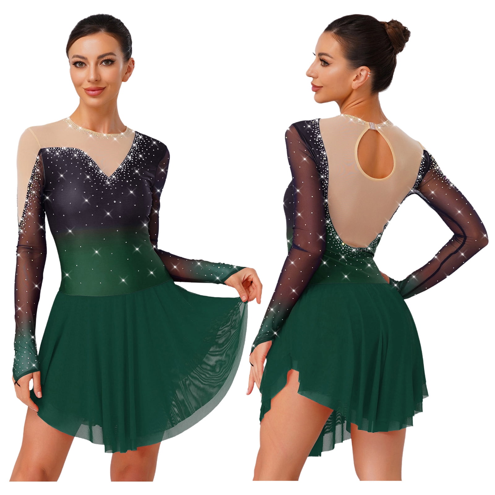 iiniim Womens Glittery Figure Skating Gradient Dress Gymnastics Active Costume Green L