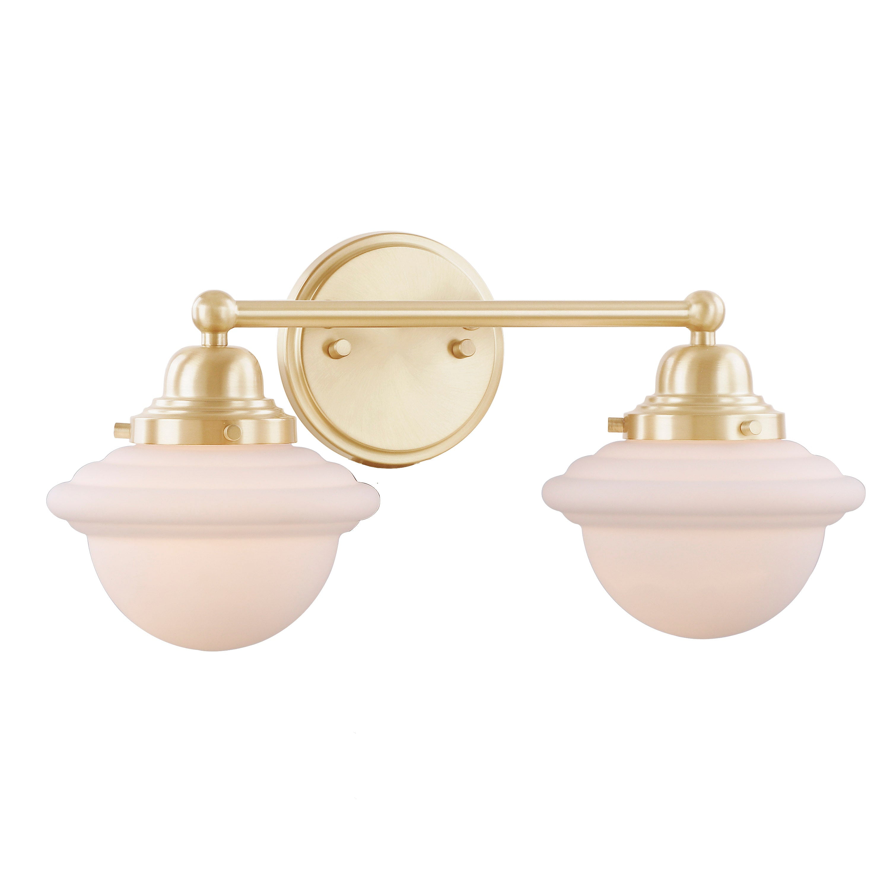 Warm Brass 2-Light Vanity Fixture with White Glass Shades