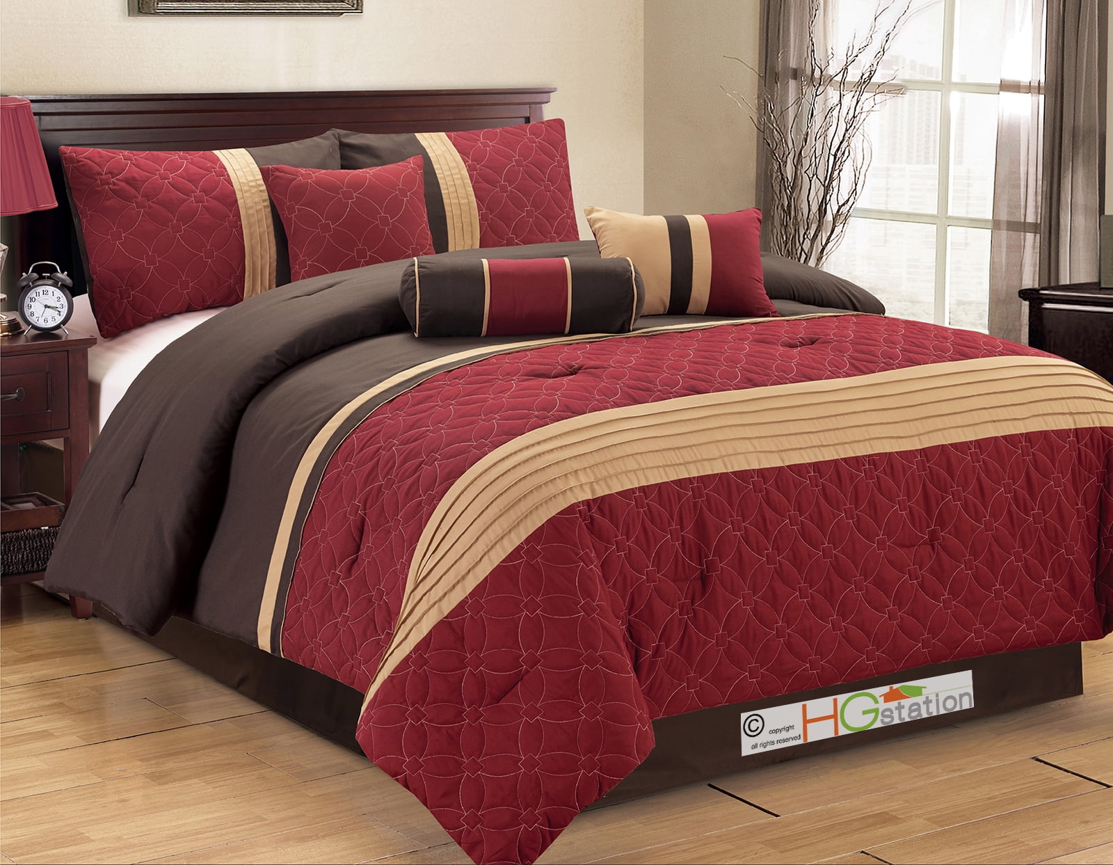 7Pc Quilted Geometric Medallion Pleated Striped Comforter Set King