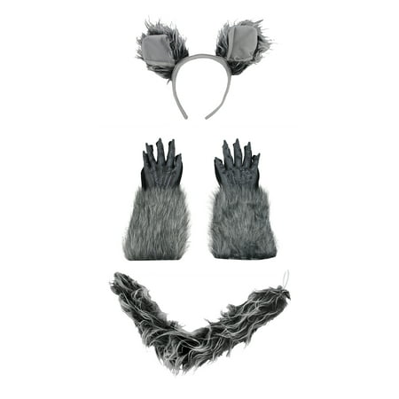 Werewolf Wolfman Ears Tail Kit And Gloves Grey Costume Set Halloween Accessory
