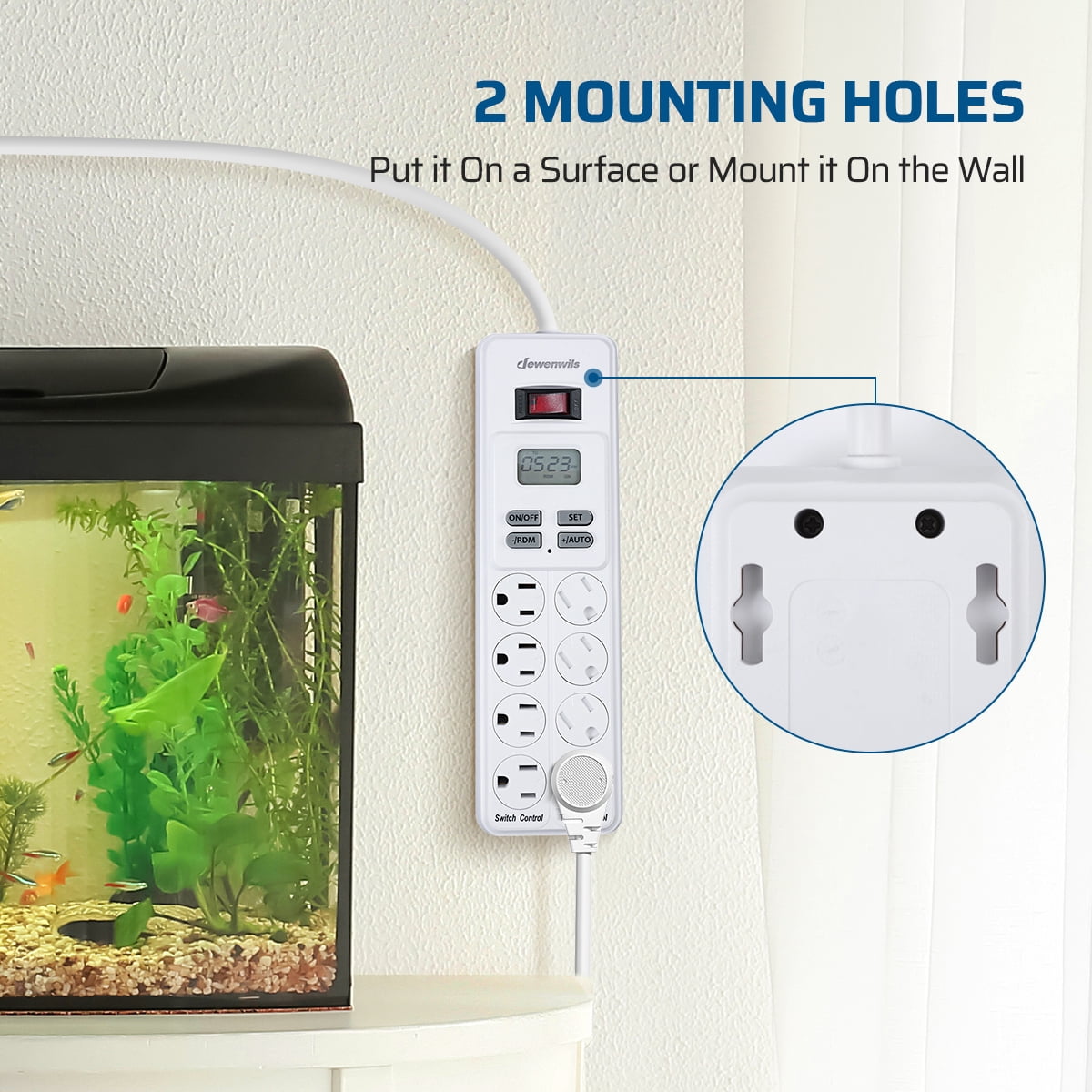 DEWENWILS 8-Outlet Power Strip with Timer (4 Timed/ 4 Always On), Digital Timer Outlet for Reptile Light, Turtle Grow Light Indoor Bearded Dragon Tank Accessory Aquarium, 6ft SJT Cord, 15A