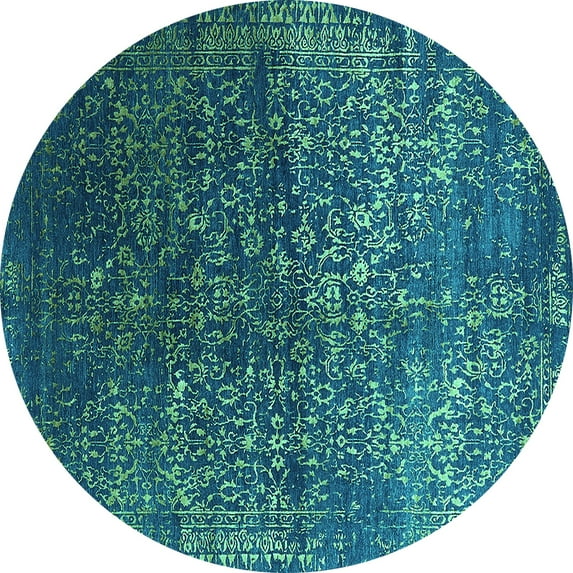 Ahgly Company Machine Washable Indoor Round Oriental Turquoise Blue Industrial Area Rugs, 6' Round