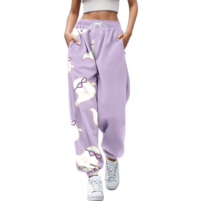Pantalones Holgados Gibobby Moda Mujer Pantalones de Chándal Halloween Calabaza Cintura Alta Morado M