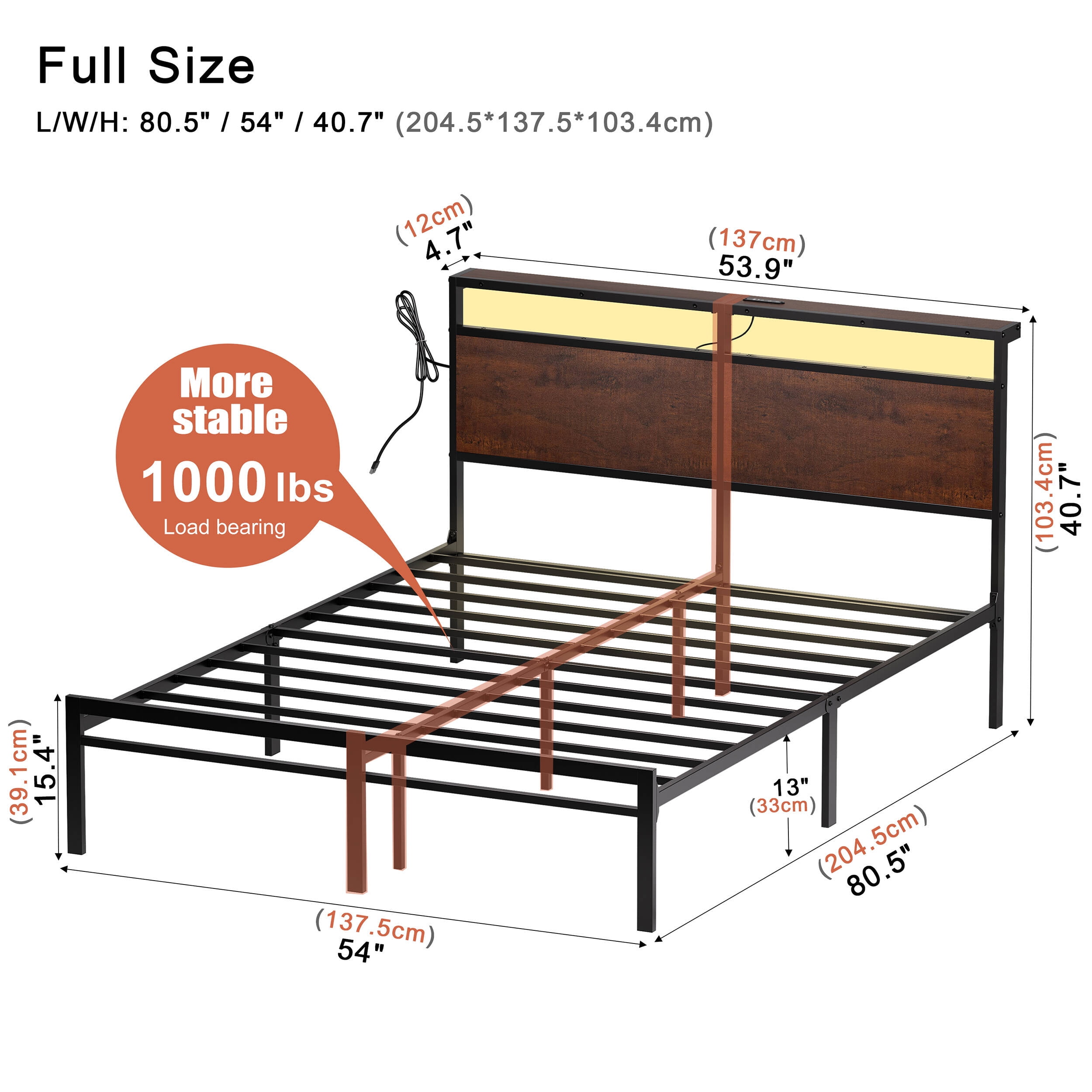 GUNAITO Full Size Bed Frame with Headboard Metal Platform Bed with LED Lights and Charging Station, Rustic Brown