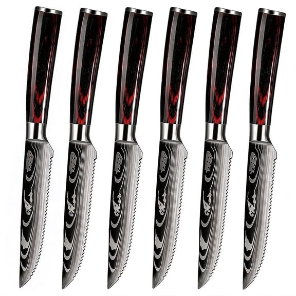 TVQUYET 6-Piece Steak Knives Set Wood Handle,4.5" Damascus Laser Stainless Steel Serrated Steak Cutting Knife for Kitchen and Restaurant