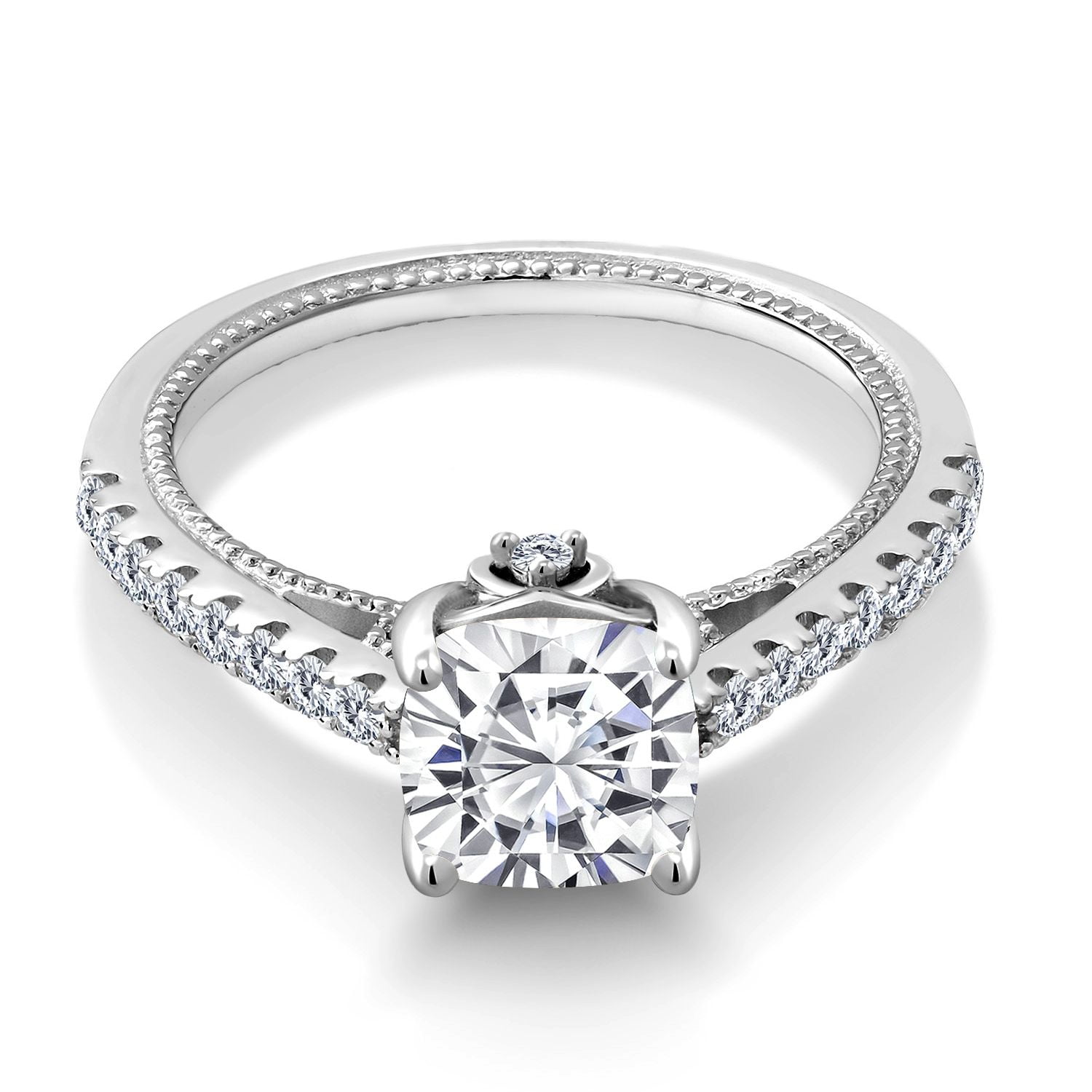 Gem Stone King 2.00 Cttw White Moissanite and Created Sapphire Engagement Ring for Women | 925 Sterling Silver | Cushion 7MM | Fine Jewelry Gifts for Her Mom Women Wife (Size 8)