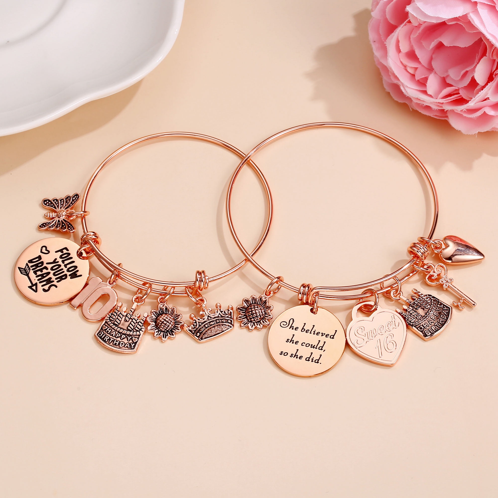  Initial Charm Bracelets for Women Girls, Rose Gold Letter R  Initial Charm Bracelets for Women Girls Jewelry, Teenage Gifts for Teen  Girls Present Rose Gold Crystal Heart Charm Bangle Bracelet 