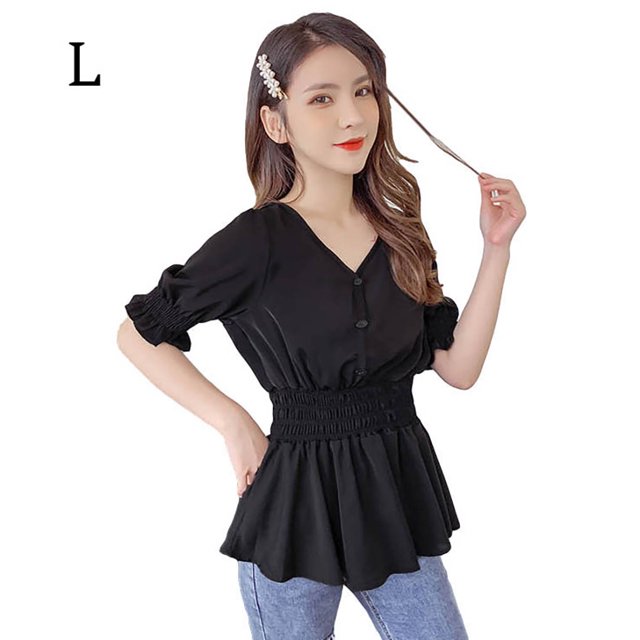 Camisa de mujer Cuello en V Verano Color sólido Manga de media longitud Botón superior, Negro, L Kearding AP001444-07
