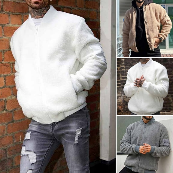 Men Polar Fleece Jacket Long Sleeve Full Zipper Casual Coat with Pockets Autumn Winter Solid Color Outwear