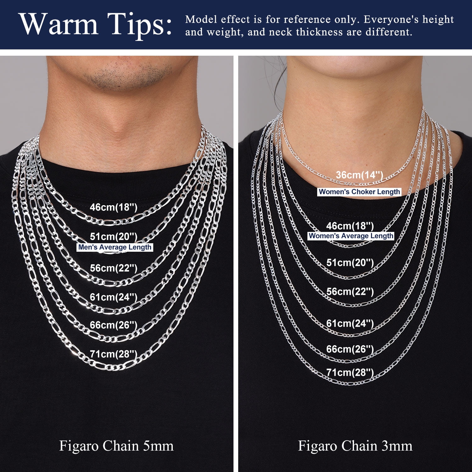 Suplight Solid 925 Sterling Silver 3mm/5mm Figaro Chain Necklace, Jewelry Gift for Men Women
