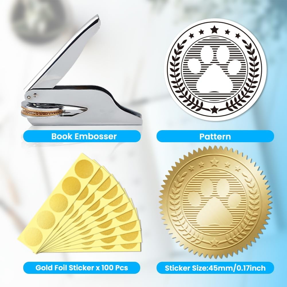 Book Embosser Personalized Paw Pattern Book Stamp Durable Library Stamp with Handle Set