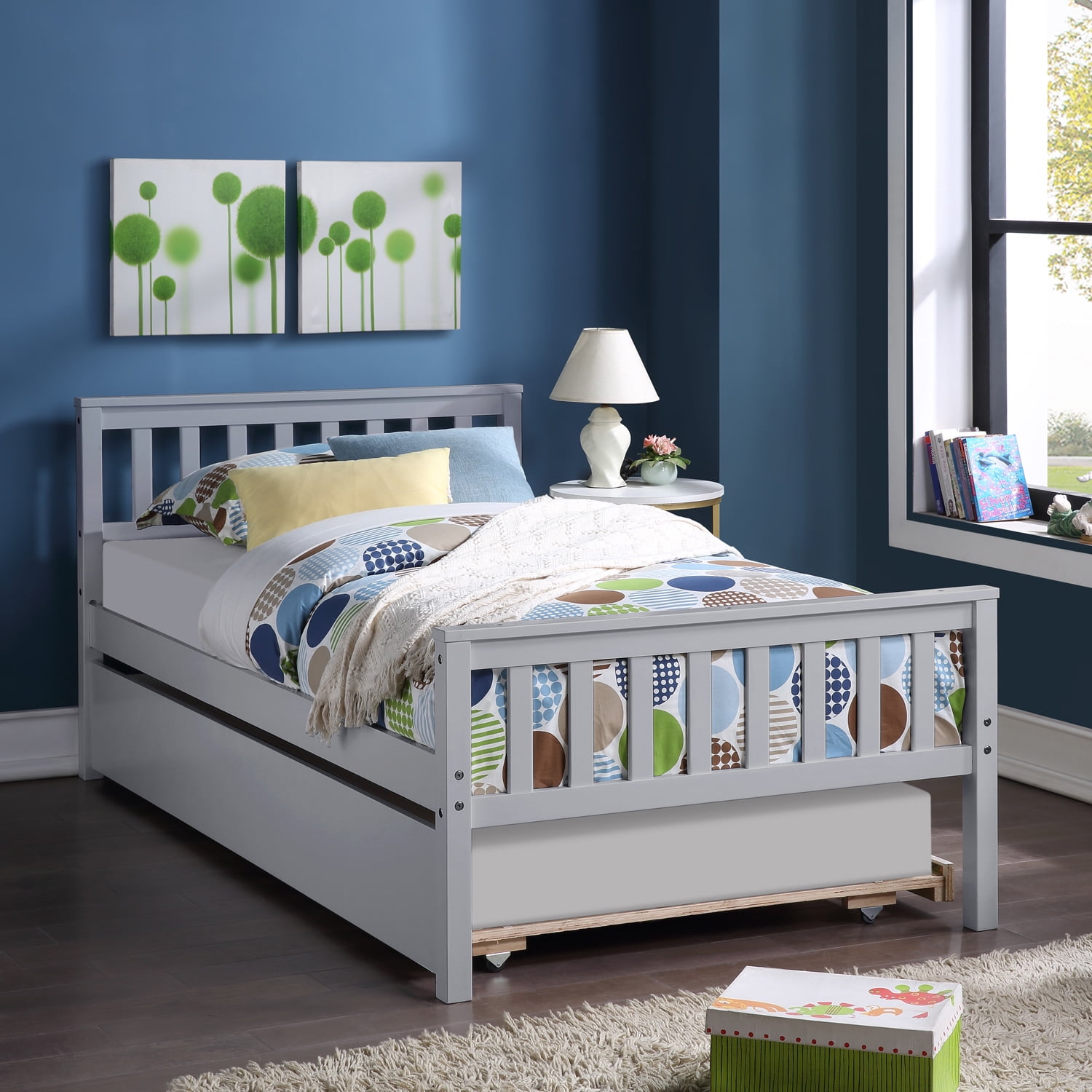 Details about   Gray Twin Size Bed Frame Wooden Bed Platform w/Trundle and headboard Footboard 