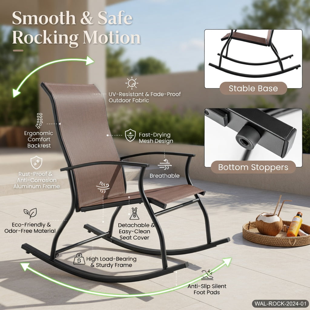 Hommoo 2-Pack Outdoor Rocking Chairs, Breathable Fabric Seat, Rust-Resistant Metal Frame, Ergonomic Back Support, Brown
