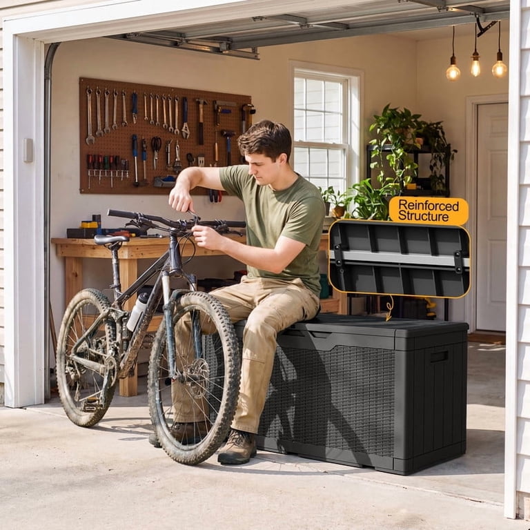 Homall 100 Gallon Outdoor Patio Box Deck Plastic Resin Storage Box Backyard, Black, Size: 100-Gallon