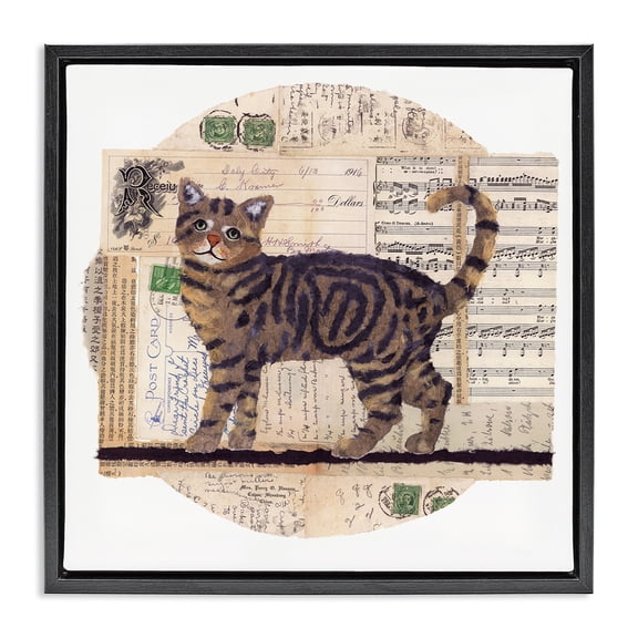 Stupell Industries Bohemian Tabby Cat Collage Black Floating Frame Canvas Art, 18 x 18, by Nancy Overton