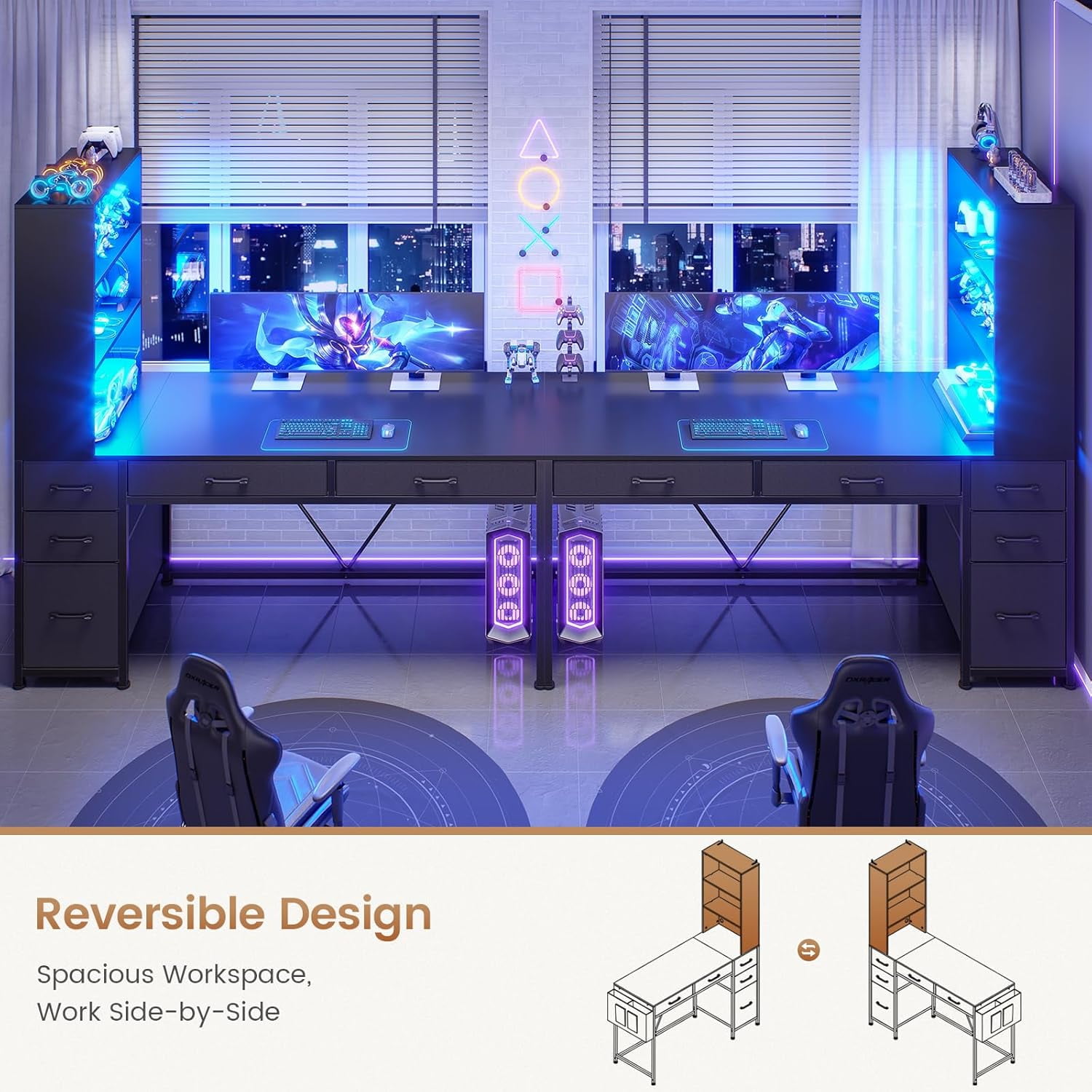 47" Home Office Desk with Bookcase & Storage Bag, Reversible Computer Desk with 5 Drawers and 3-Tier Bookshelves, Gaming Desk with Storage and Led Lights for Small Space, Black